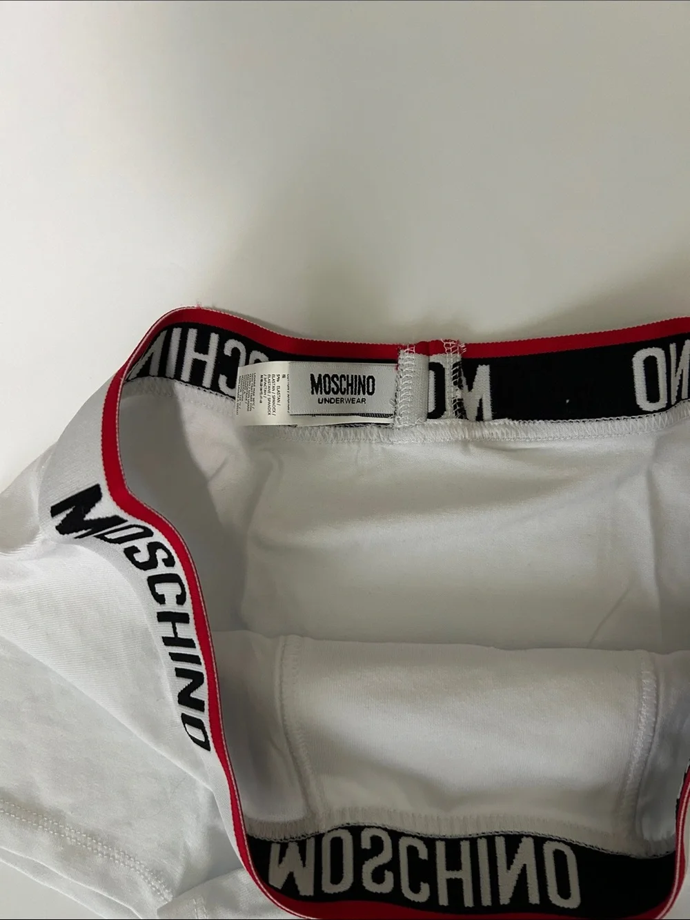 Moschino White Boxer Briefs with Black Logo Waistband and Red Trim - Picture 2 of 3